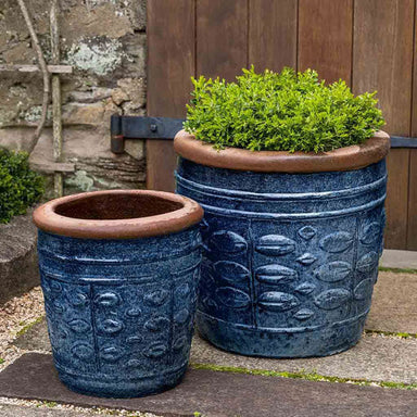 Rustic Leaf Pot Planter - Rustic Blue - Set of 2 filled with plants in the backyard