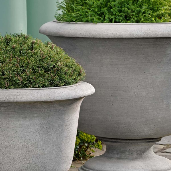 Sag Harbor Urn, Large on concrete filled with plants upclose