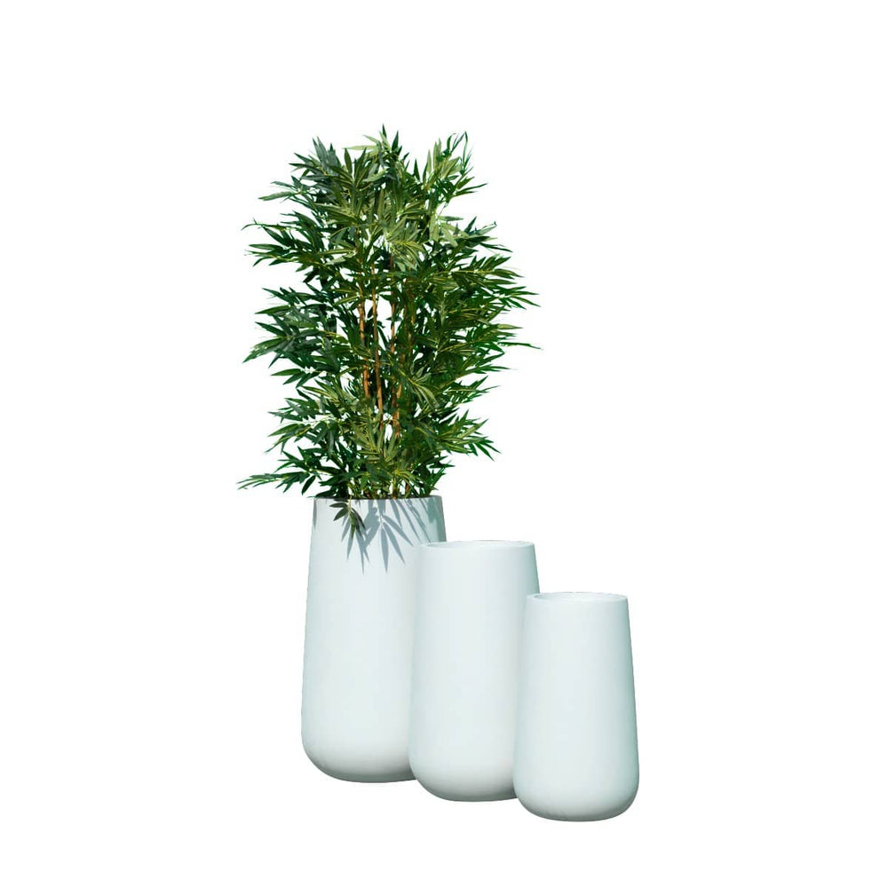 Saigon Tapered Round Fiberglass Planter shown in three different sizes.