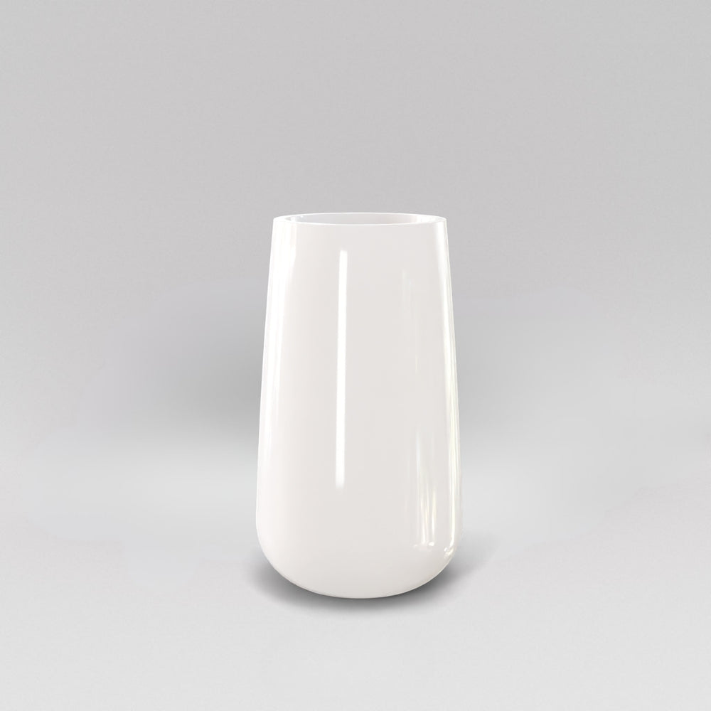 Saigon Tapered Round Fiberglass Planter in gloss bright white against gray background.