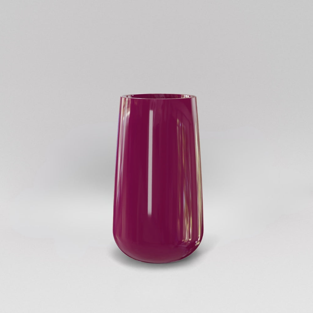 Saigon Tapered Round Fiberglass Planter in gloss eggplant against gray background.
