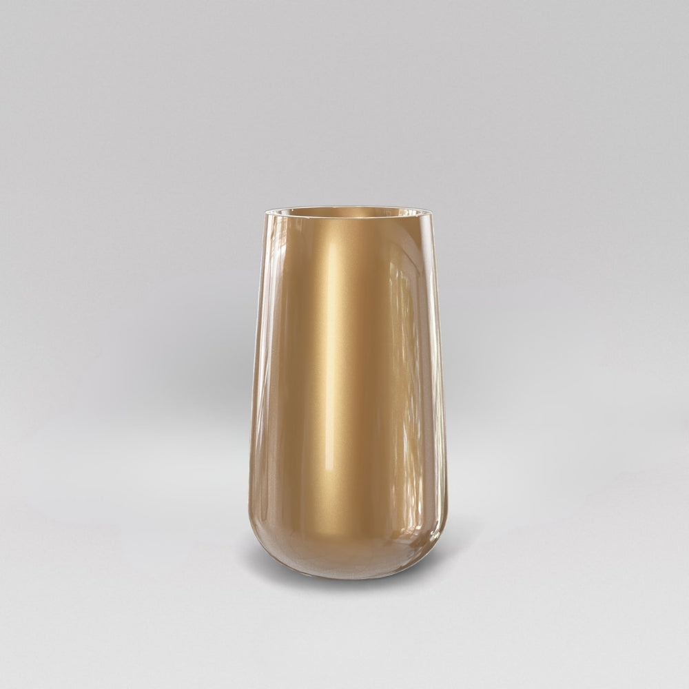 Saigon Tapered Round Fiberglass Planter in gloss metallic gold against gray background.