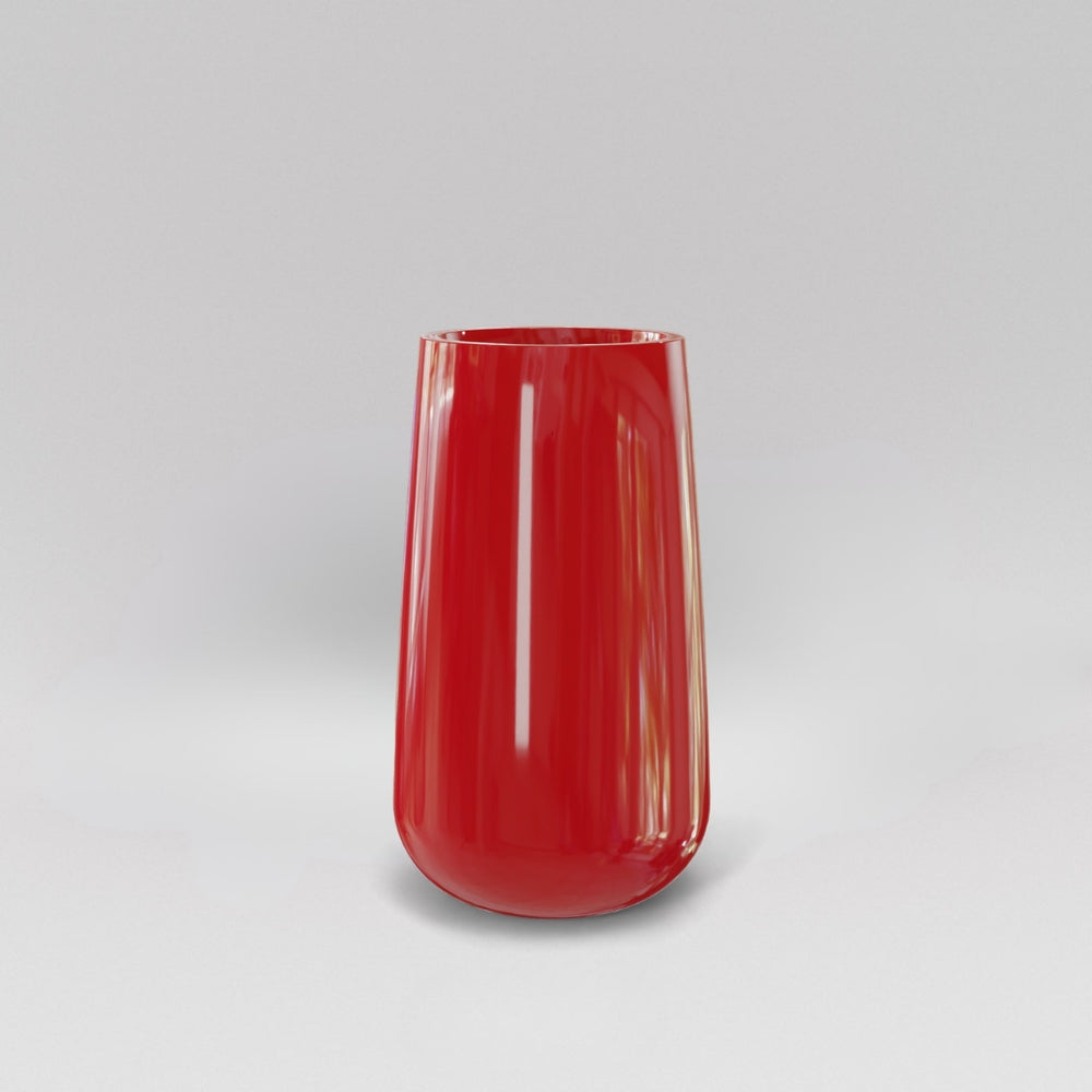 Saigon Tapered Round Fiberglass Planter in gloss red against gray background.