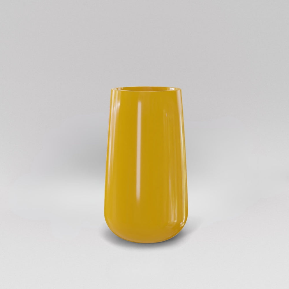 Saigon Tapered Round Fiberglass Planter in gloss saffron against gray background.