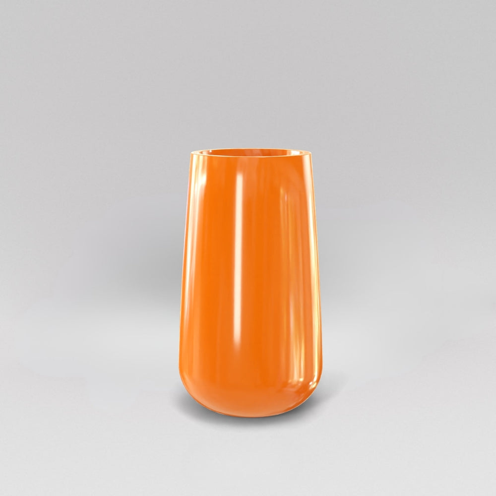 Saigon Tapered Round Fiberglass Planter in gloss tangerine against gray background.