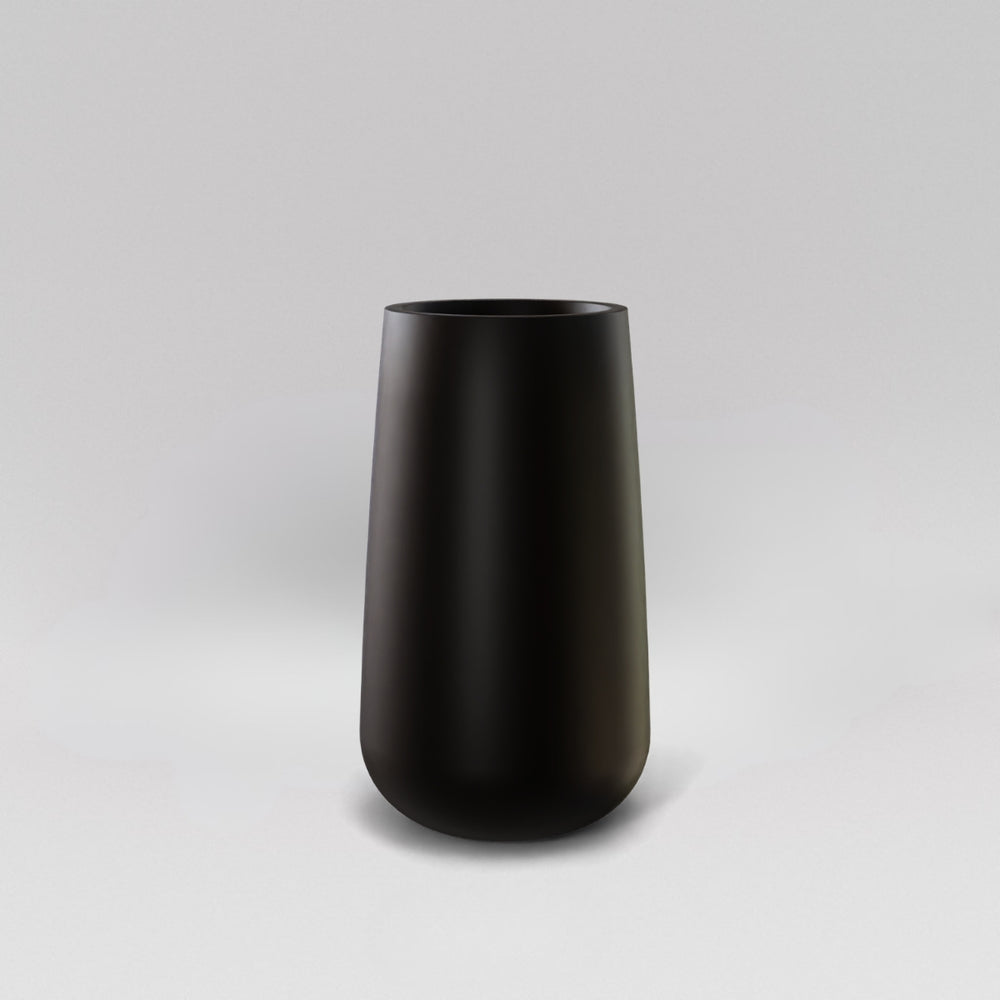 Saigon Tapered Round Fiberglass Planter in matte black against gray background.