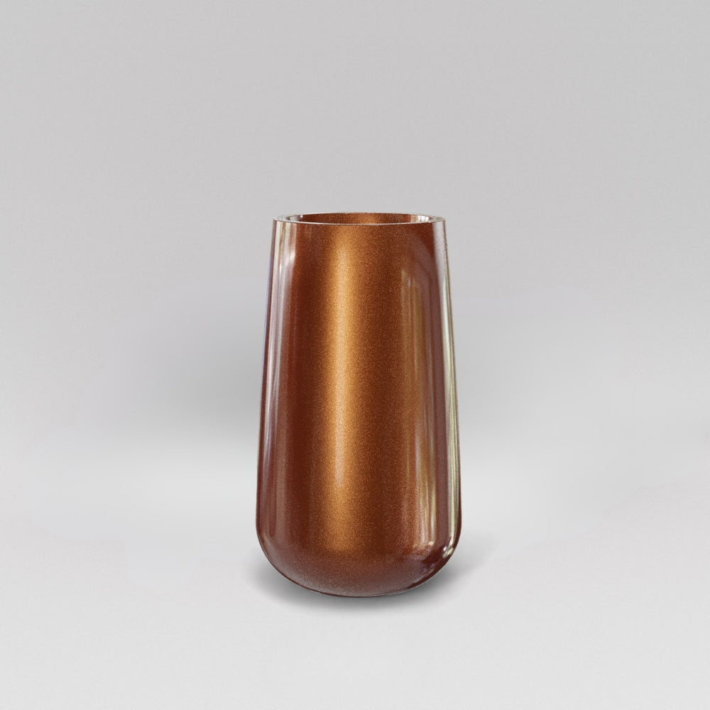Saigon Tapered Round Fiberglass Planter in metallic bronze against gray background.