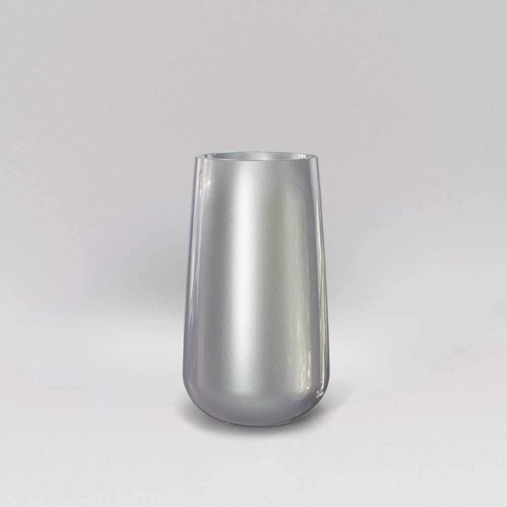 Saigon Tapered Round Fiberglass Planter in metallic silver against gray background.