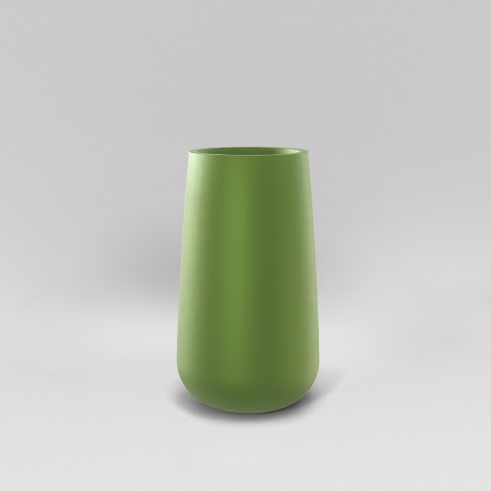 Saigon Tapered Round Fiberglass Planter in satin green against gray background.