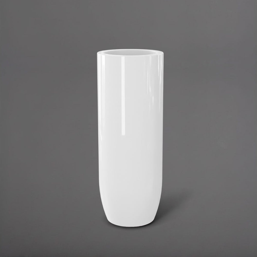 Saint Tropez Tall Bullet Round Fiberglass Planter in gloss bright white against gray background.