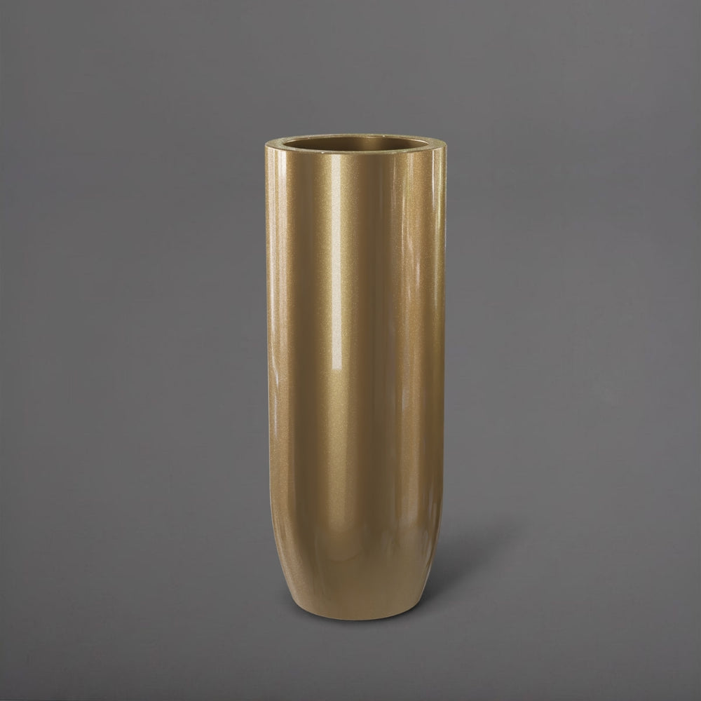 Saint Tropez Tall Bullet Round Fiberglass Planter in gloss metallic gold against gray background.