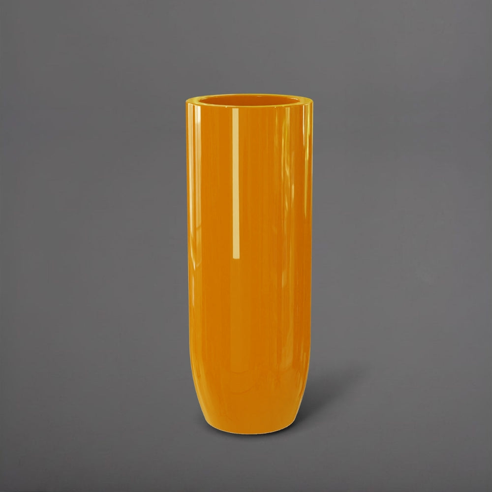 Saint Tropez Tall Bullet Round Fiberglass Planter in gloss tangerine against gray background.