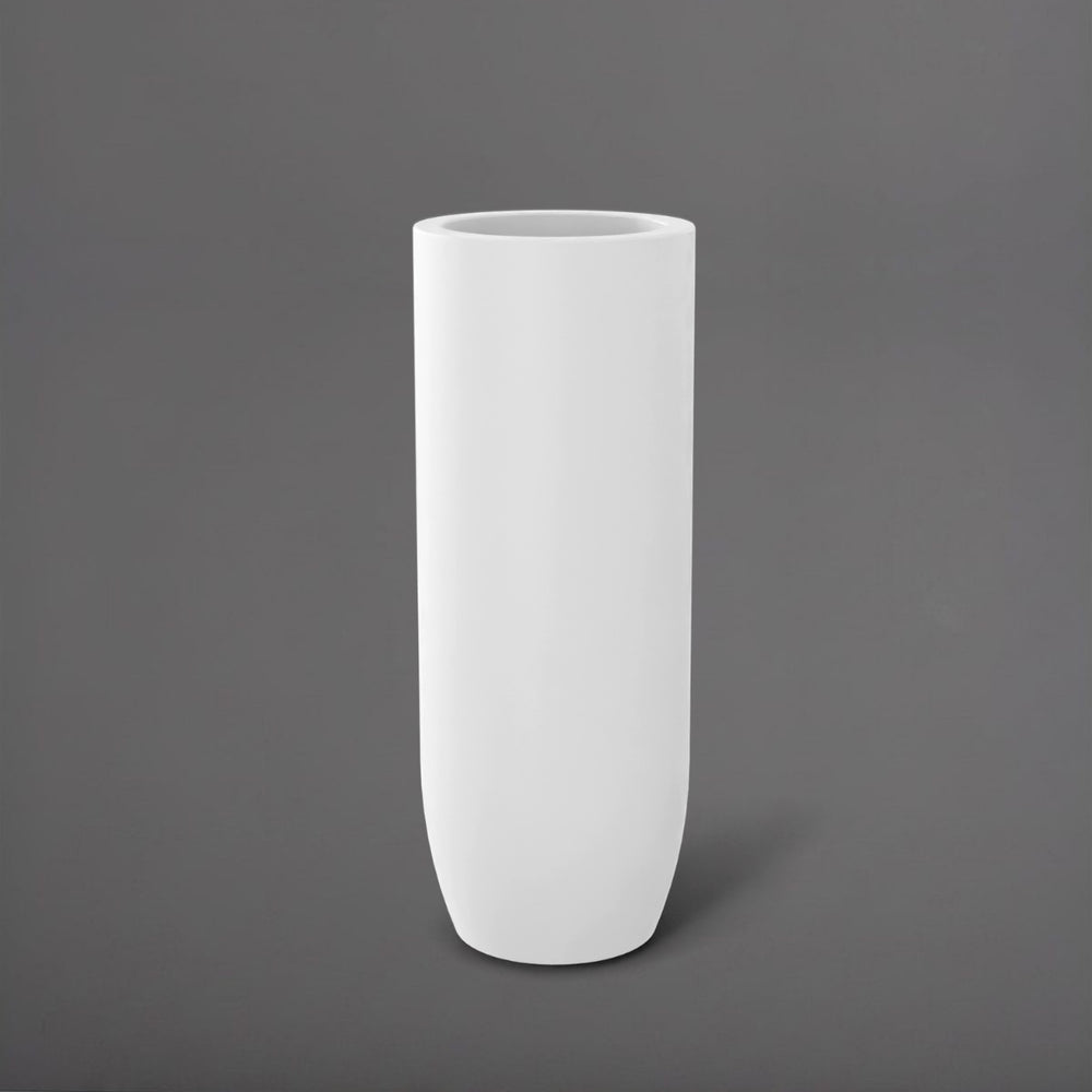 Saint Tropez Tall Bullet Round Fiberglass Planter in matte bright white against gray background.