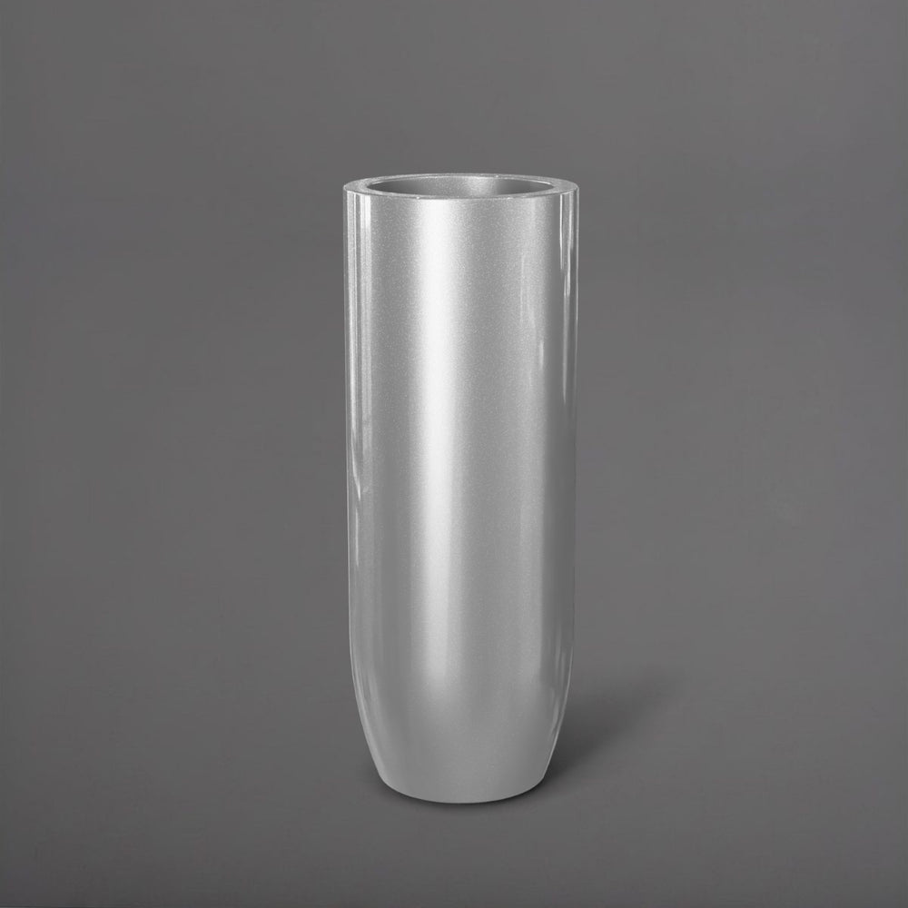 Saint Tropez Tall Bullet Round Fiberglass Planter in metallic silver against gray background.