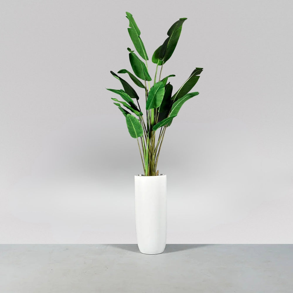 Saint Tropez Tall Bullet Round Fiberglass Planter on concrete filled with plants.