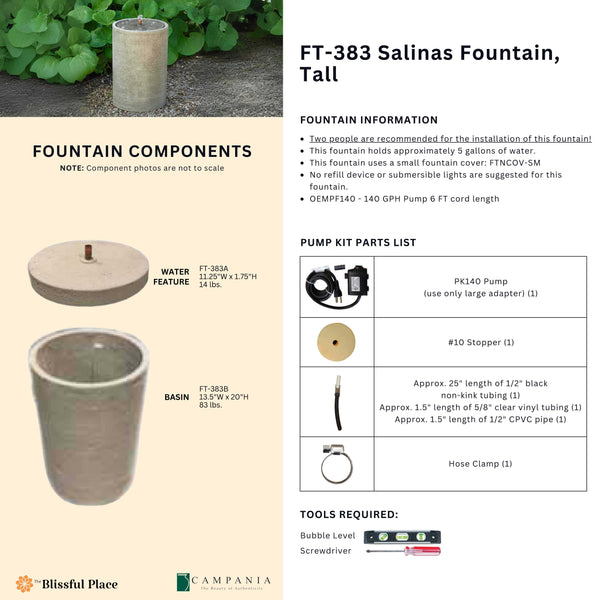 Complete overview of the Salinas Fountain, Tall with dimensions, weights, pump kit parts, tools, and general info.