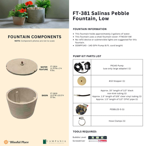 Complete overview of the Salinas Pebble Fountain, Low with dimensions, weights, pump kit parts, tools, and general info.