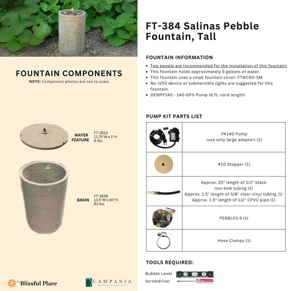 Complete overview of the Salinas Pebble Fountain, Tall with dimensions, weights, pump kit parts, tools, and general info.
