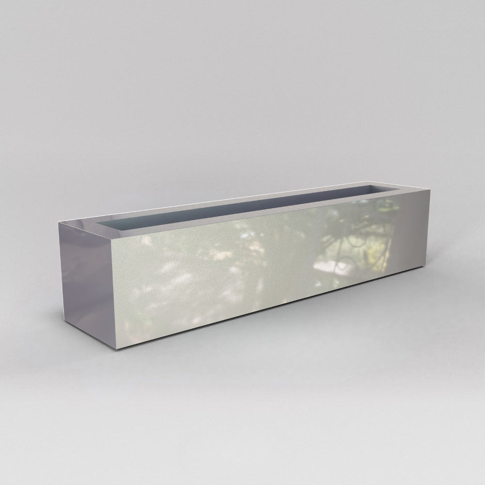 Salon Narrow Rectangle Fiberglass Planter in metallic silver against gray background. 