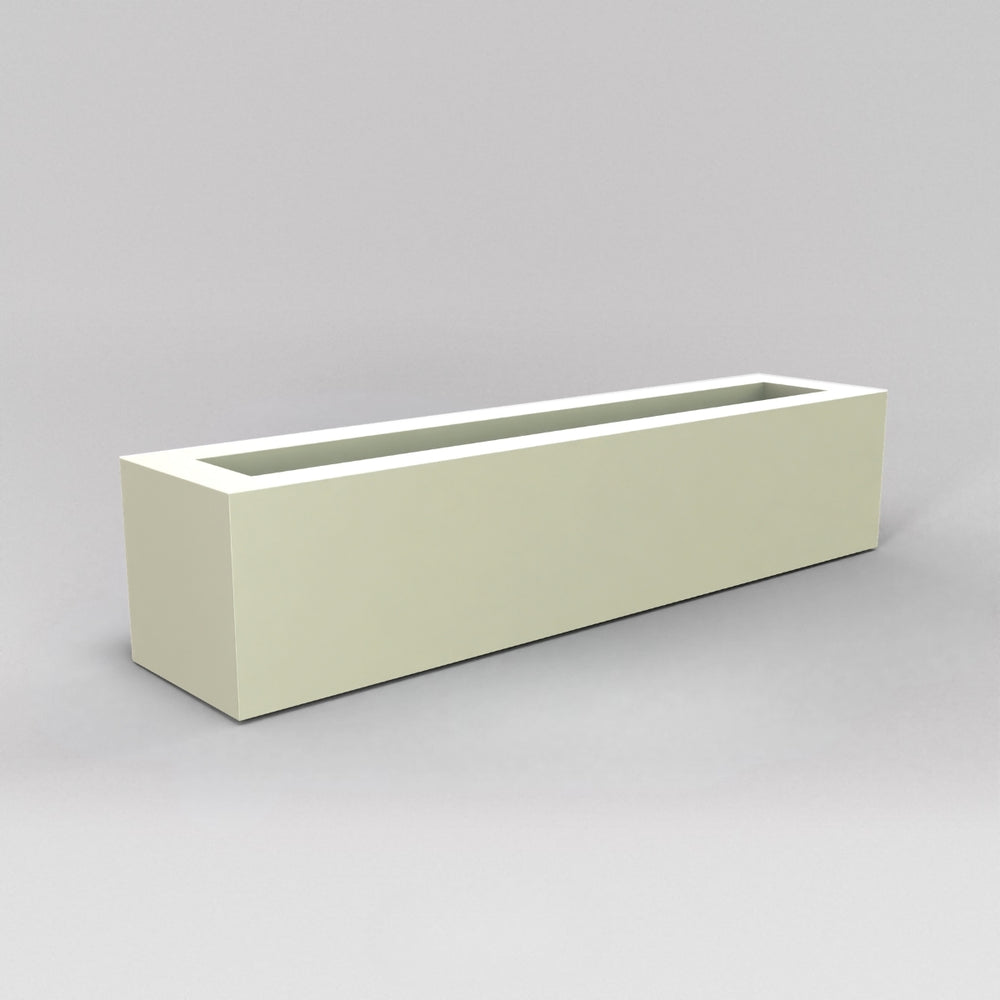 Salon Narrow Rectangle Fiberglass Planter in satin beige against gray background. 