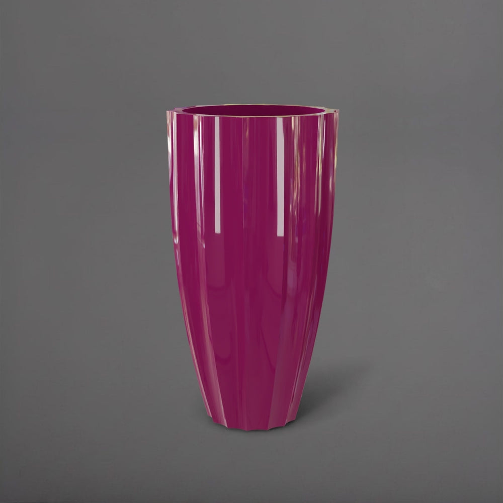 San Jose Tall Fluted Round Fiberglass Planter in gloss eggplant against gray background.