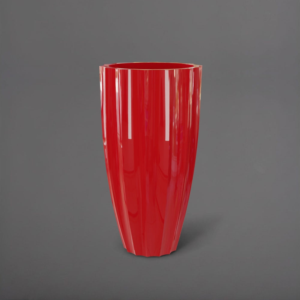 San Jose Tall Fluted Round Fiberglass Planter in gloss red against gray background.