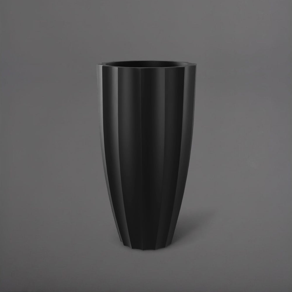 San Jose Tall Fluted Round Fiberglass Planter in matte black against gray background.