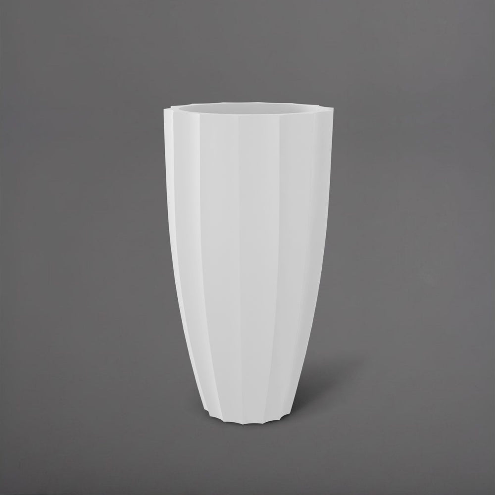 San Jose Tall Fluted Round Fiberglass Planter in matte bright white against gray background.