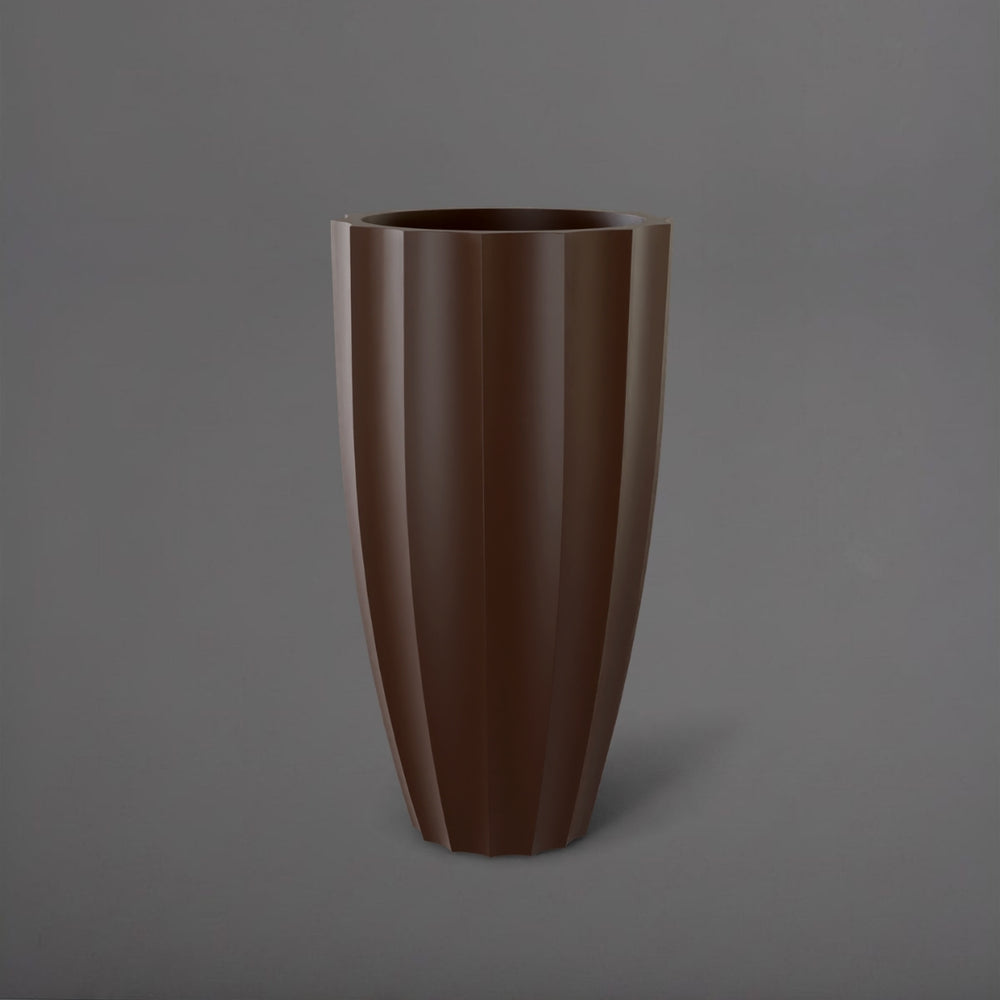San Jose Tall Fluted Round Fiberglass Planter in matte dark brown against gray background.