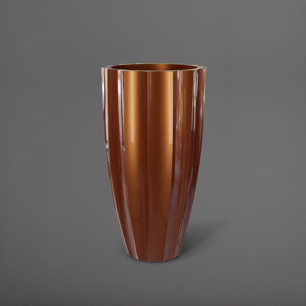 San Jose Tall Fluted Round Fiberglass Planter in metallic bronze against gray background.