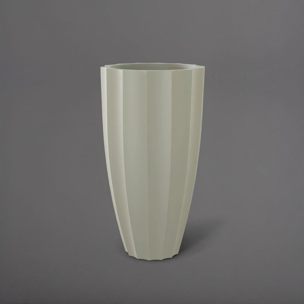San Jose Tall Fluted Round Fiberglass Planter in satin beige against gray background.
