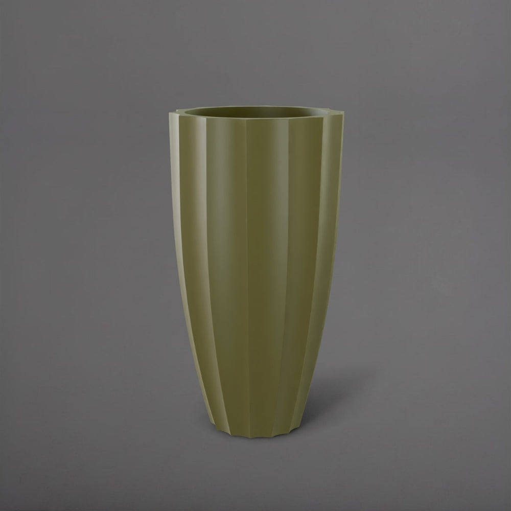 San Jose Tall Fluted Round Fiberglass Planter in satin green against gray background.
