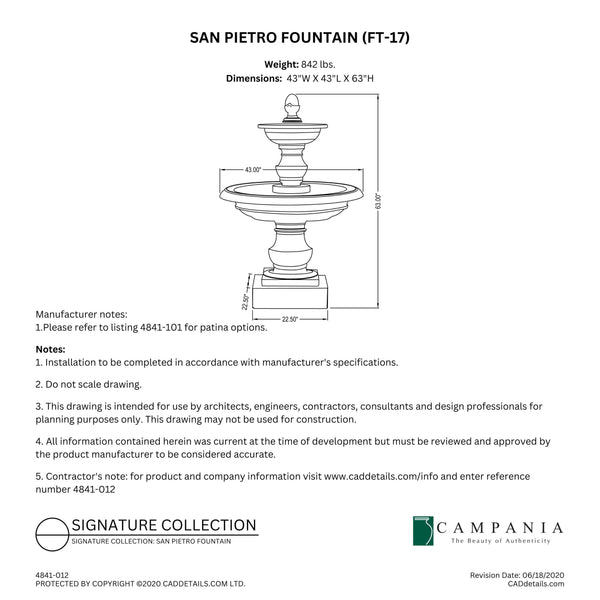 CAD drawing of the San Pietro Fountain with dimensions, weight, and manufacturer notes.