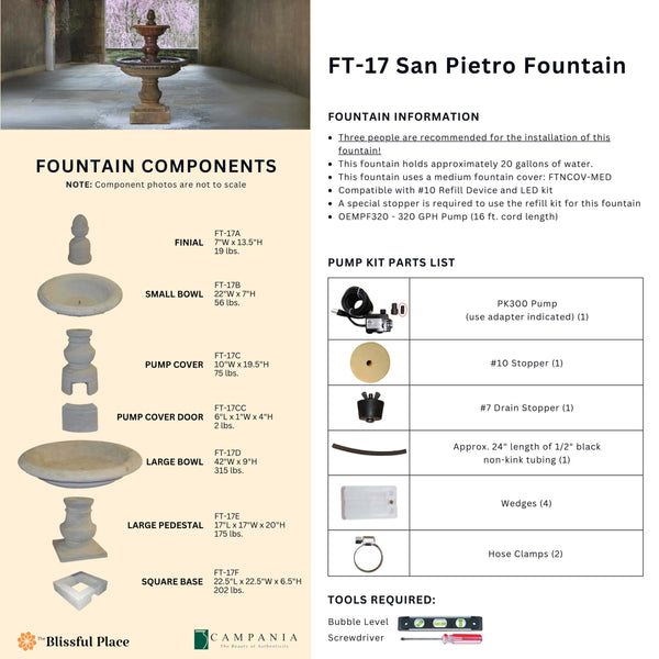 Complete overview of the San Pietro Fountain with dimensions, weights, pump kit parts, tools, and general info.