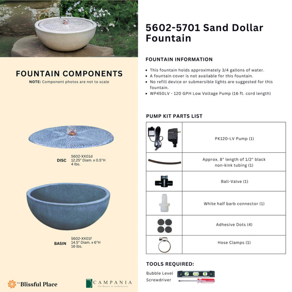 Complete overview of the Sand Dollar Fountain with dimensions, weights, pump kit parts, tools, and general info.