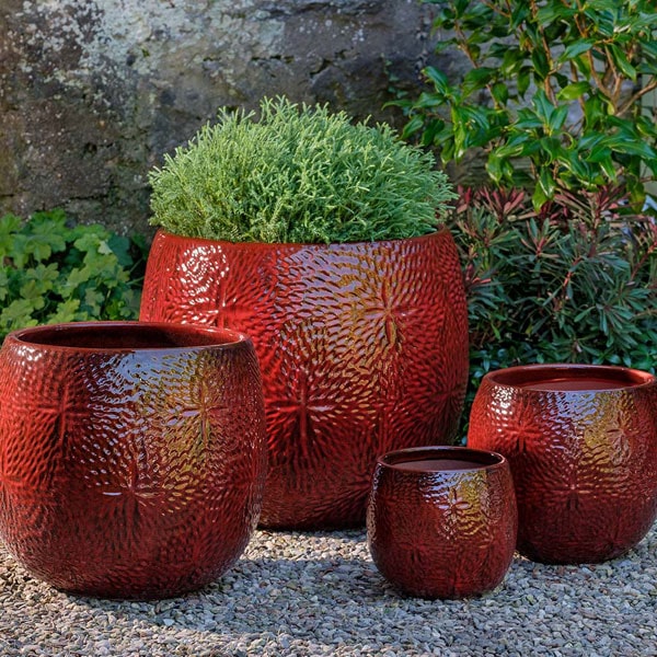 Sand Dollar Planter - Tropic Red - S/4 on gravel filled with plants