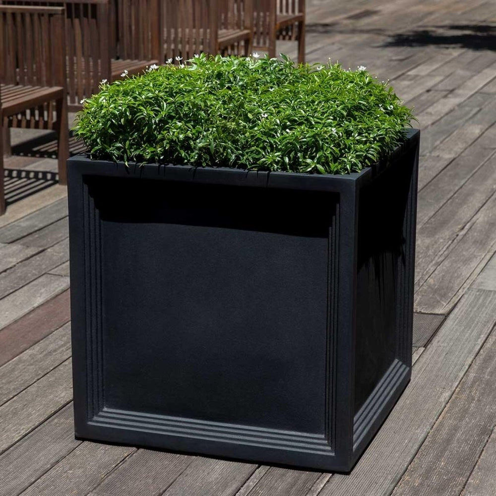 Sandhurst Square Planter in Onyx Black filled with plants