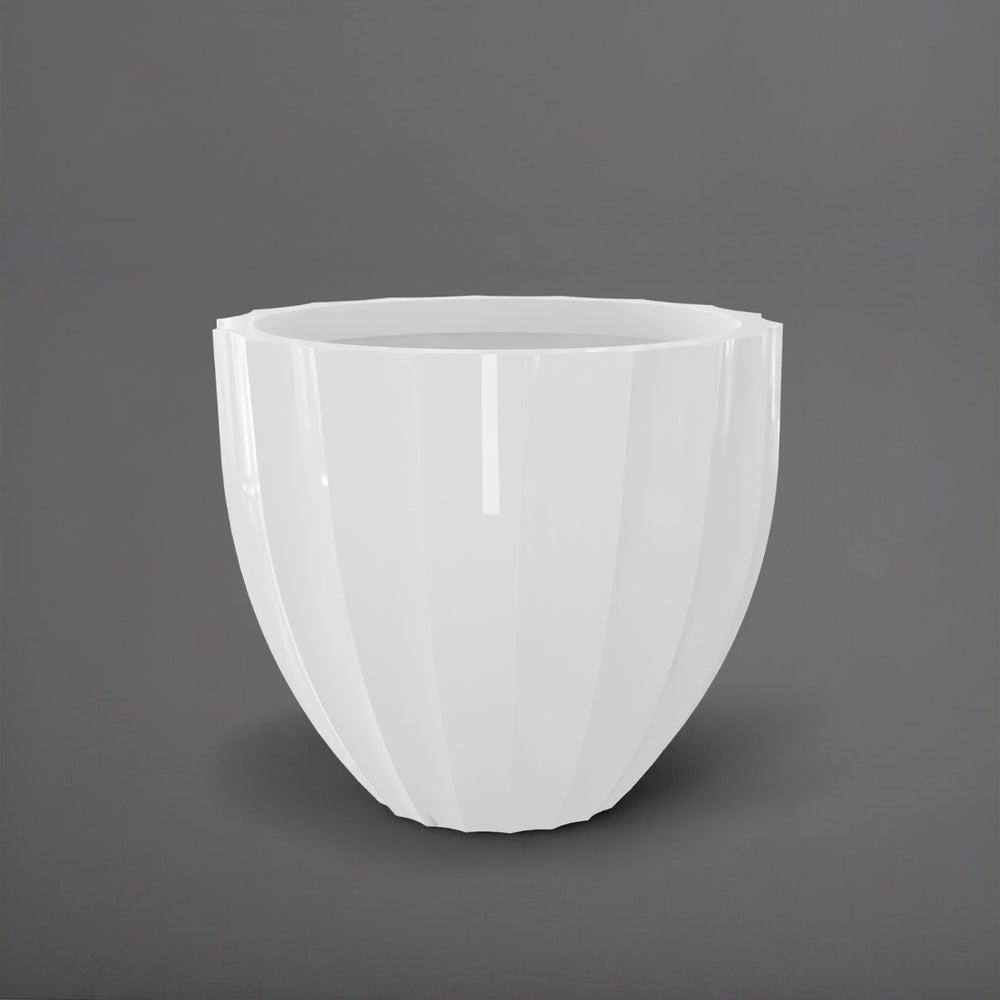 Santa Barbara Fluted Round Fiberglass Planter in gloss bright white against gray background.