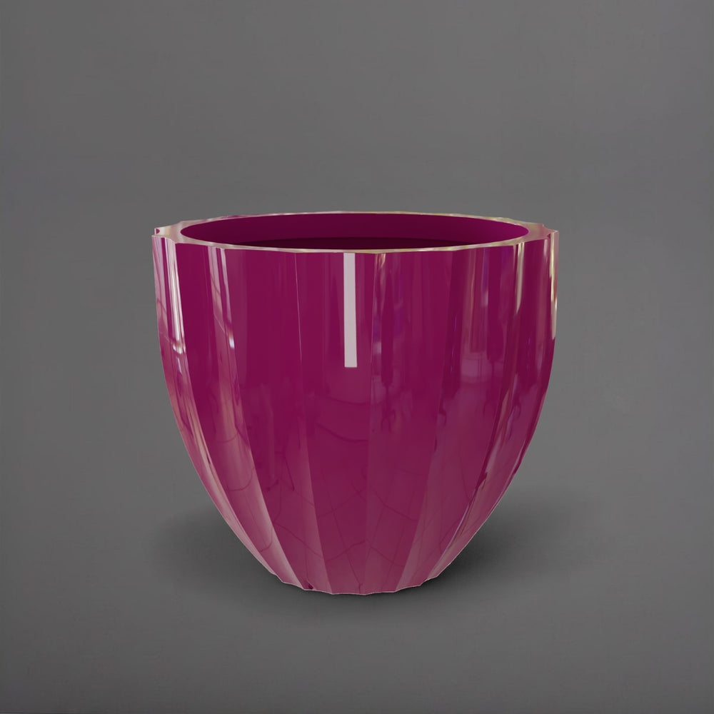 Santa Barbara Fluted Round Fiberglass Planter in gloss eggplant against gray background.