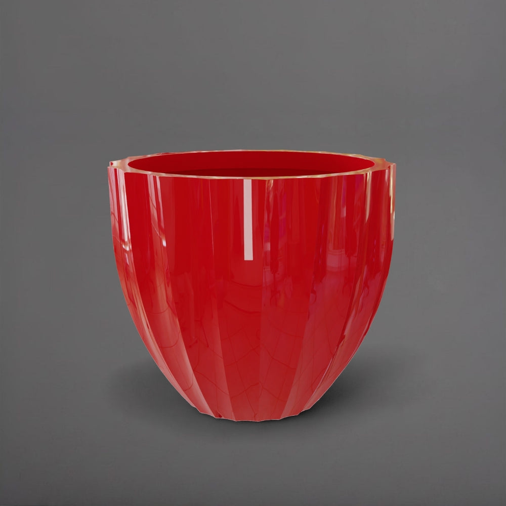 Santa Barbara Fluted Round Fiberglass Planter in gloss red against gray background.
