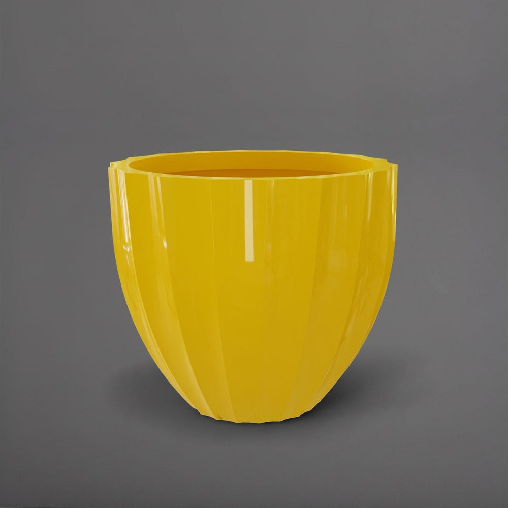 Santa Barbara Fluted Round Fiberglass Planter in gloss saffron against gray background.