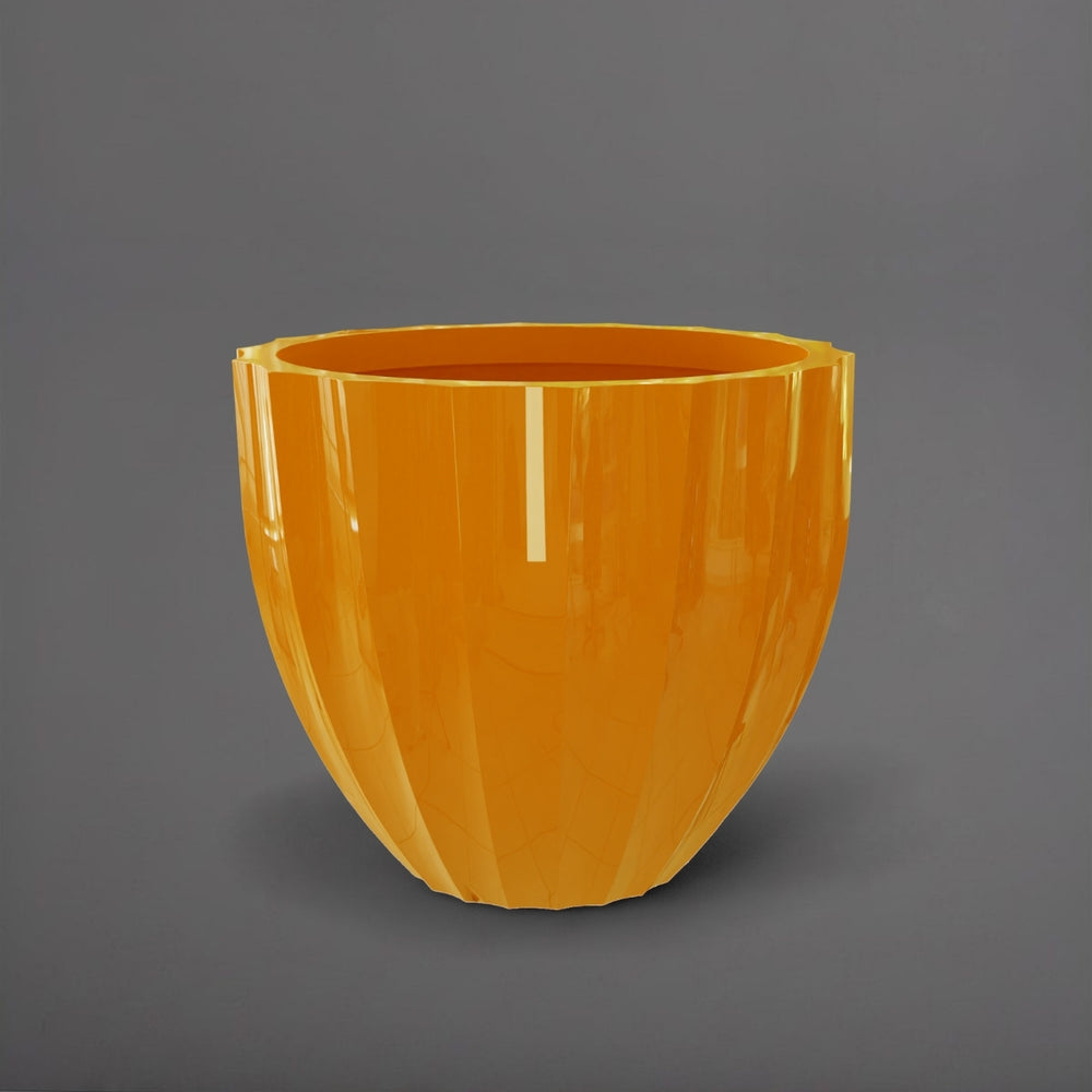 Santa Barbara Fluted Round Fiberglass Planter in gloss tangerine against gray background.