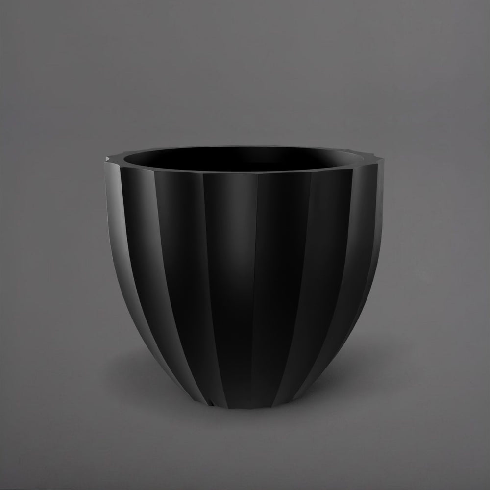 Santa Barbara Fluted Round Fiberglass Planter in matte black against gray background.