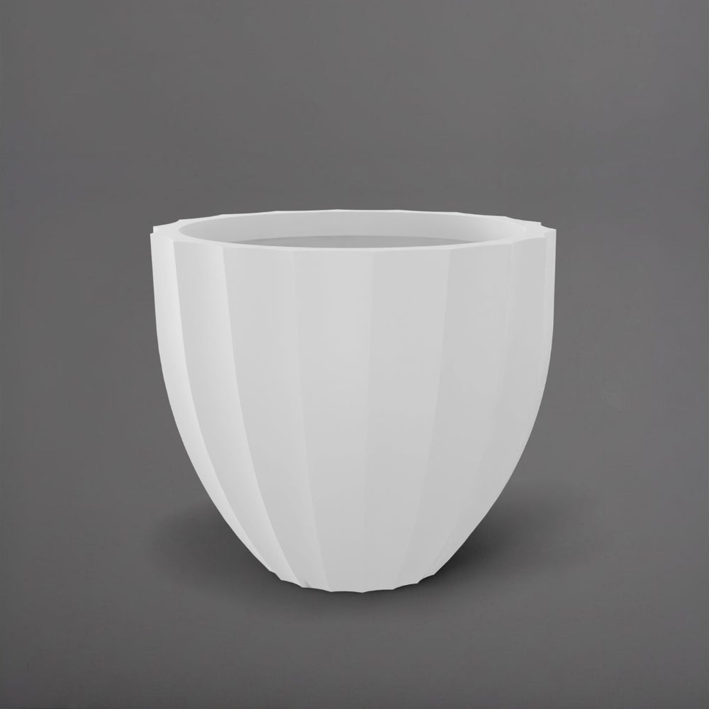 Santa Barbara Fluted Round Fiberglass Planter in matte bright white against gray background.