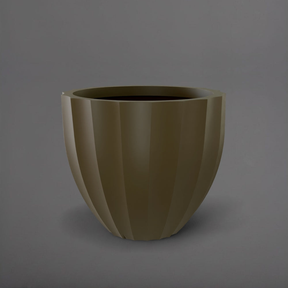 Santa Barbara Fluted Round Fiberglass Planter in matte bronze against gray background.