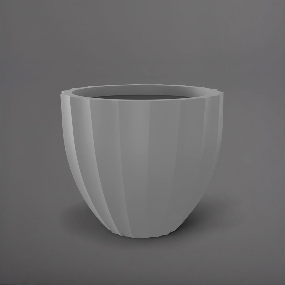 Santa Barbara Fluted Round Fiberglass Planter in matte cement grey against gray background.