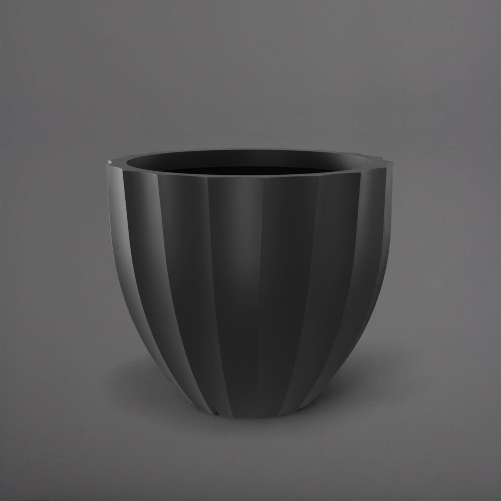 Santa Barbara Fluted Round Fiberglass Planter in matte charcoal against gray background.