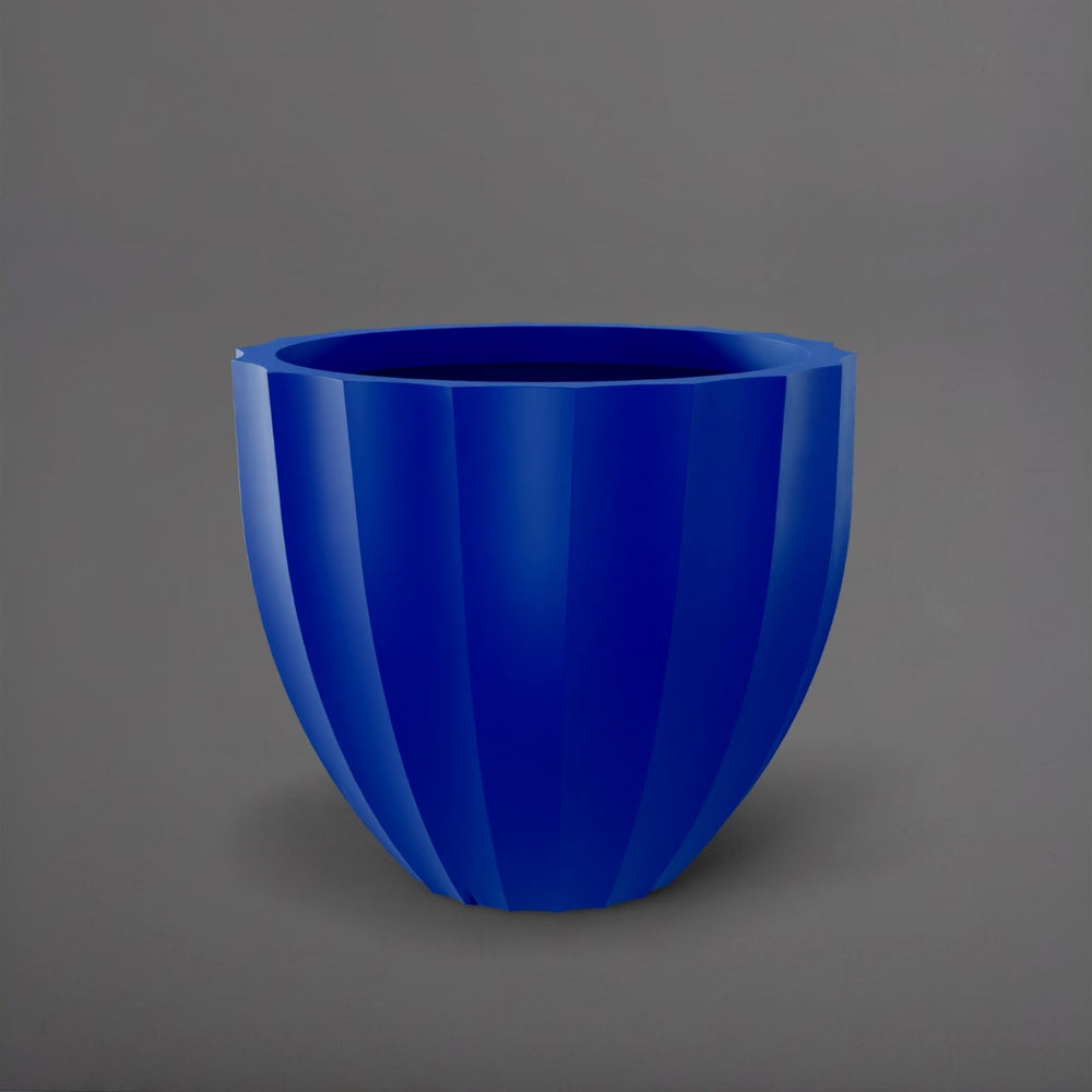 Santa Barbara Fluted Round Fiberglass Planter in matte cobalt blue against gray background.