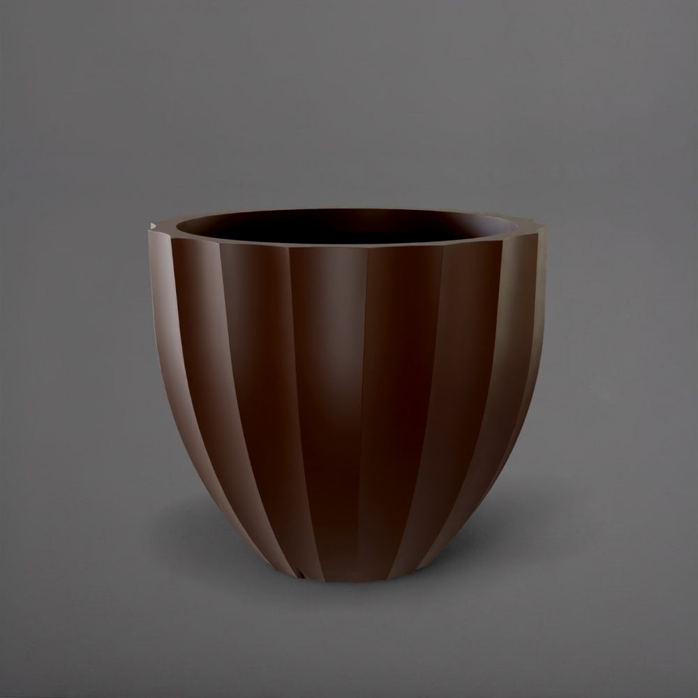 Santa Barbara Fluted Round Fiberglass Planter in matte dark brown against gray background.