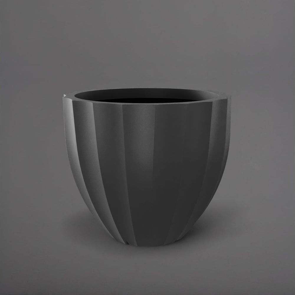Santa Barbara Fluted Round Fiberglass Planter in matte gunmetal against gray background.
